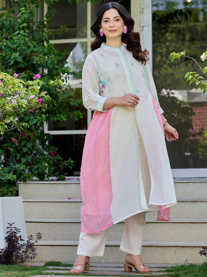 Dhiyona IE Floral Printed Pure Cotton Mandarin Collar Tunic With Trousers