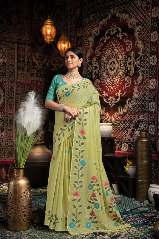 Dhiyona GR Women's Daisy Green Muslin Cotton Jamdani Saree With Contrast Blouse
