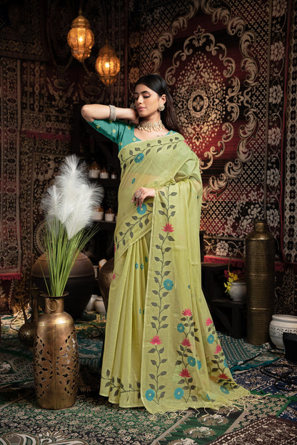 Dhiyona GR Women's Daisy Green Muslin Cotton Jamdani Saree With Contrast Blouse