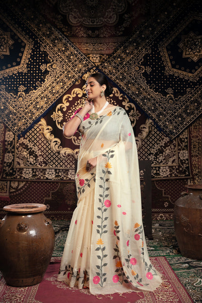 Dhiyona GR Women's Daisy White Muslin Cotton Jamdani Saree With Contrast Blouse