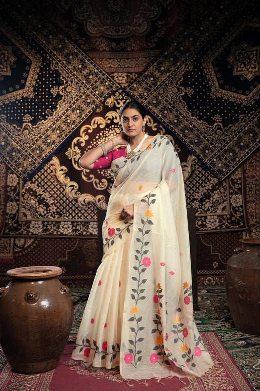 Dhiyona GR Women's Daisy White Muslin Cotton Jamdani Saree With Contrast Blouse