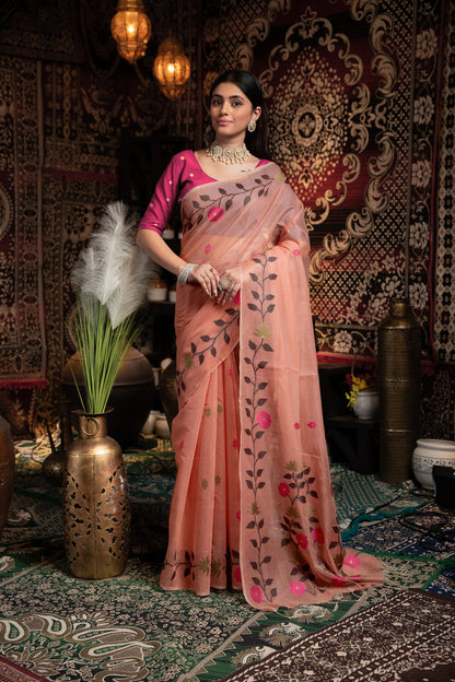 Dhiyona GR Women's Daisy Pink Muslin Cotton Jamdani Saree With Contrast Blouse