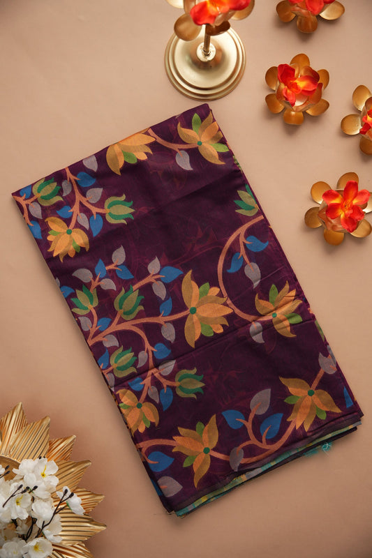 Dhiyona GR Women's Ghazal Classic Couture Wine Cotton Jamdani Saree
