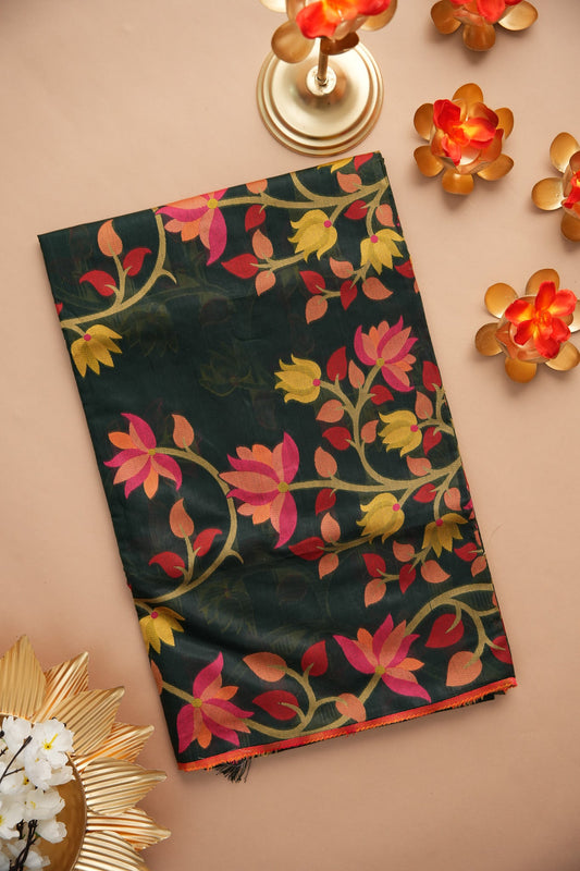 Dhiyona GR Women's Ghazal Classic Couture Dark Green Cotton Jamdani Saree