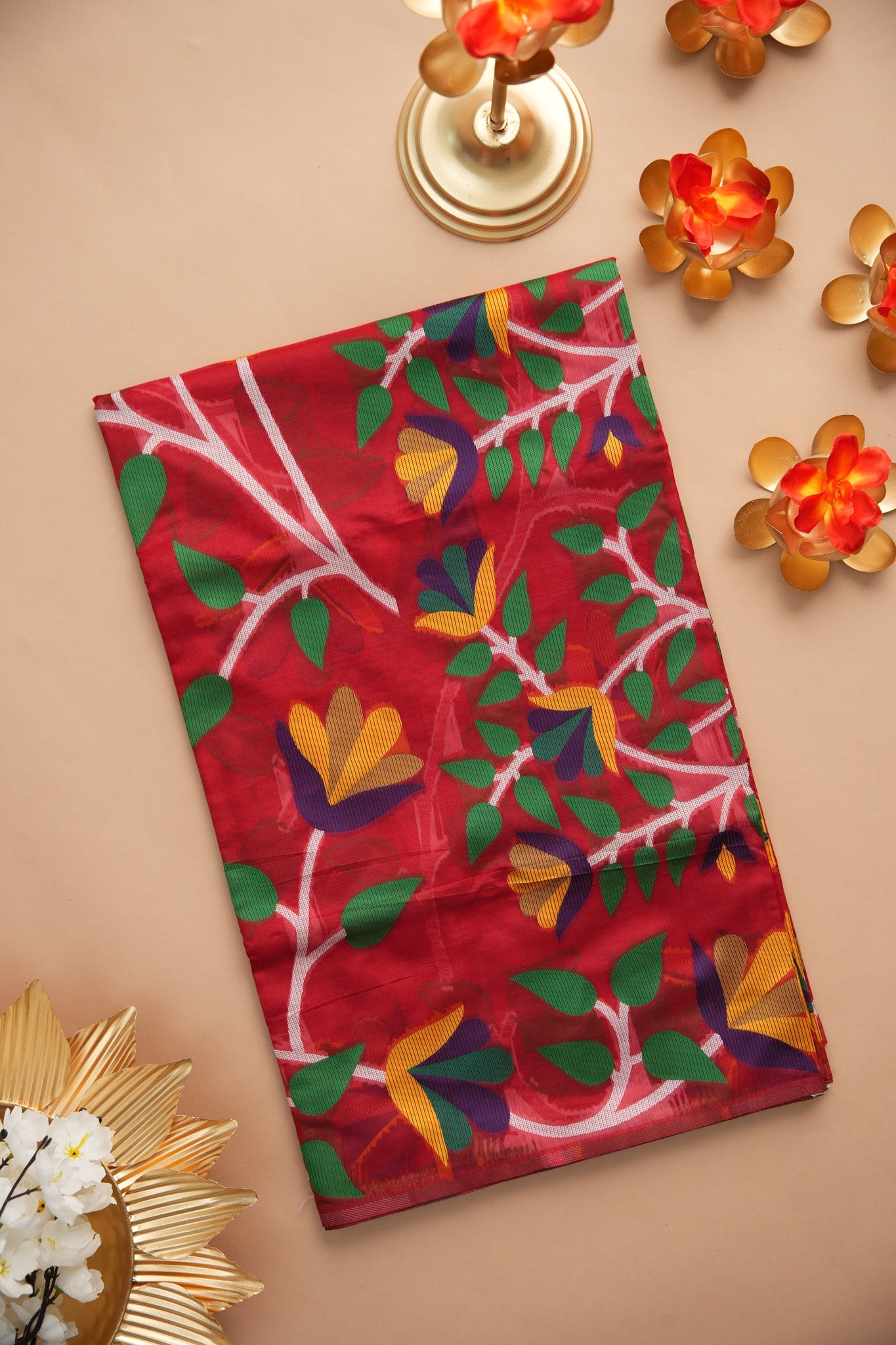 Dhiyona GR Women's Kalini Red Retro Rhapsody Organza Jamdani Saree