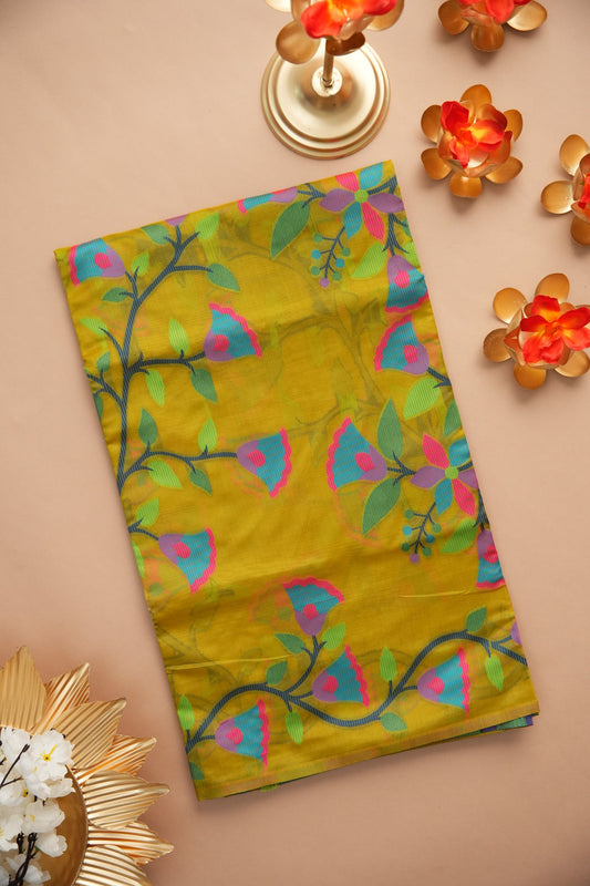 Dhiyona GR Women's Kora Silk Olive Green Organza Jamdani Saree