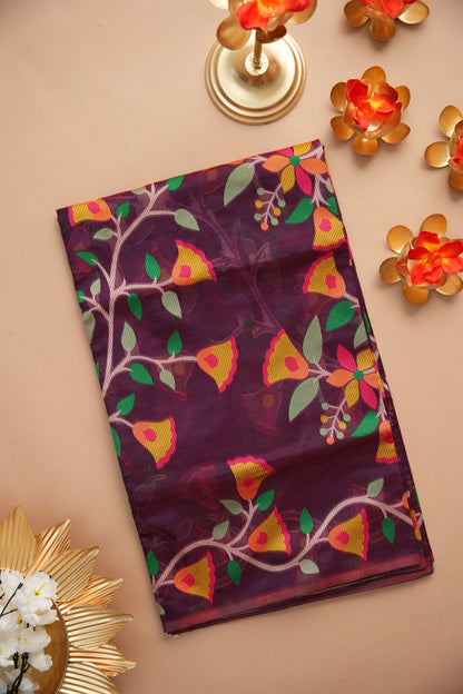 Dhiyona GR Women's Kora Silk Wine Organza Jamdani Saree