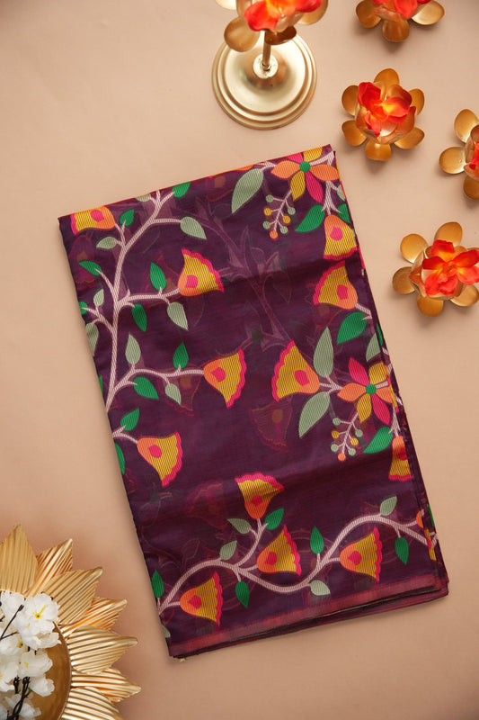 Dhiyona GR Women's Kora Silk Wine Organza Jamdani Saree
