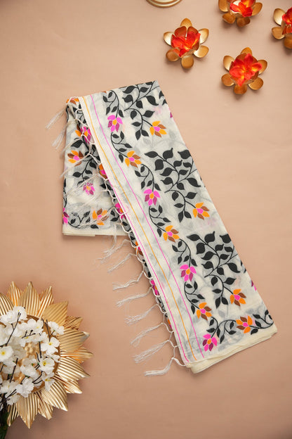 Dhiyona GR Women's Soumya Urbanic Elegance White Cotton Jamdani Saree