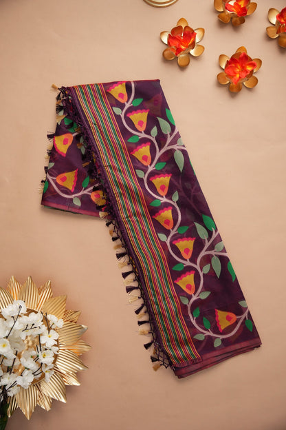 Dhiyona GR Women's Kora Silk Wine Organza Jamdani Saree