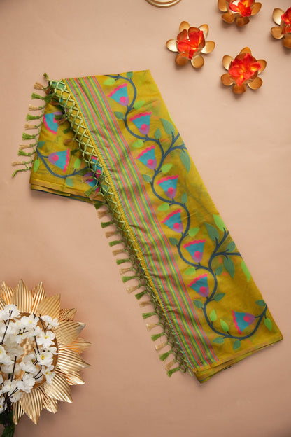 Dhiyona GR Women's Kora Silk Olive Green Organza Jamdani Saree