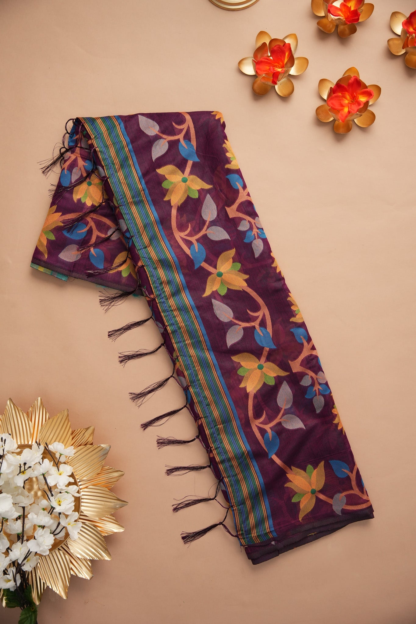 Dhiyona GR Women's Ghazal Classic Couture Wine Cotton Jamdani Saree