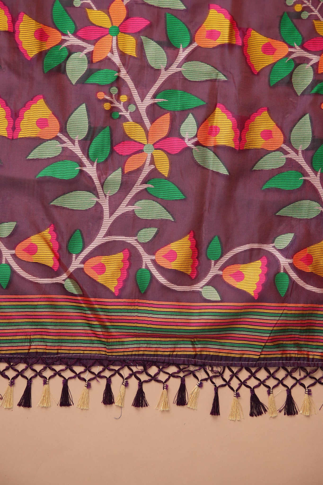 Dhiyona GR Women's Kora Silk Wine Organza Jamdani Saree