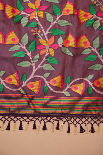 Dhiyona GR Women's Kora Silk Wine Organza Jamdani Saree