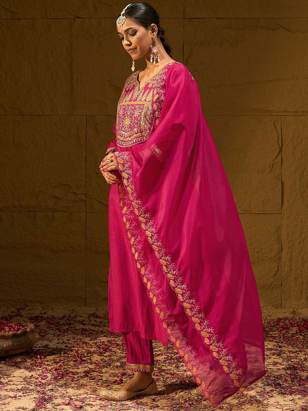 Dhiyona IE Ethnic Motifs Embroidered Sequinned Liva Straight Kurta With Trousers & Dupatta