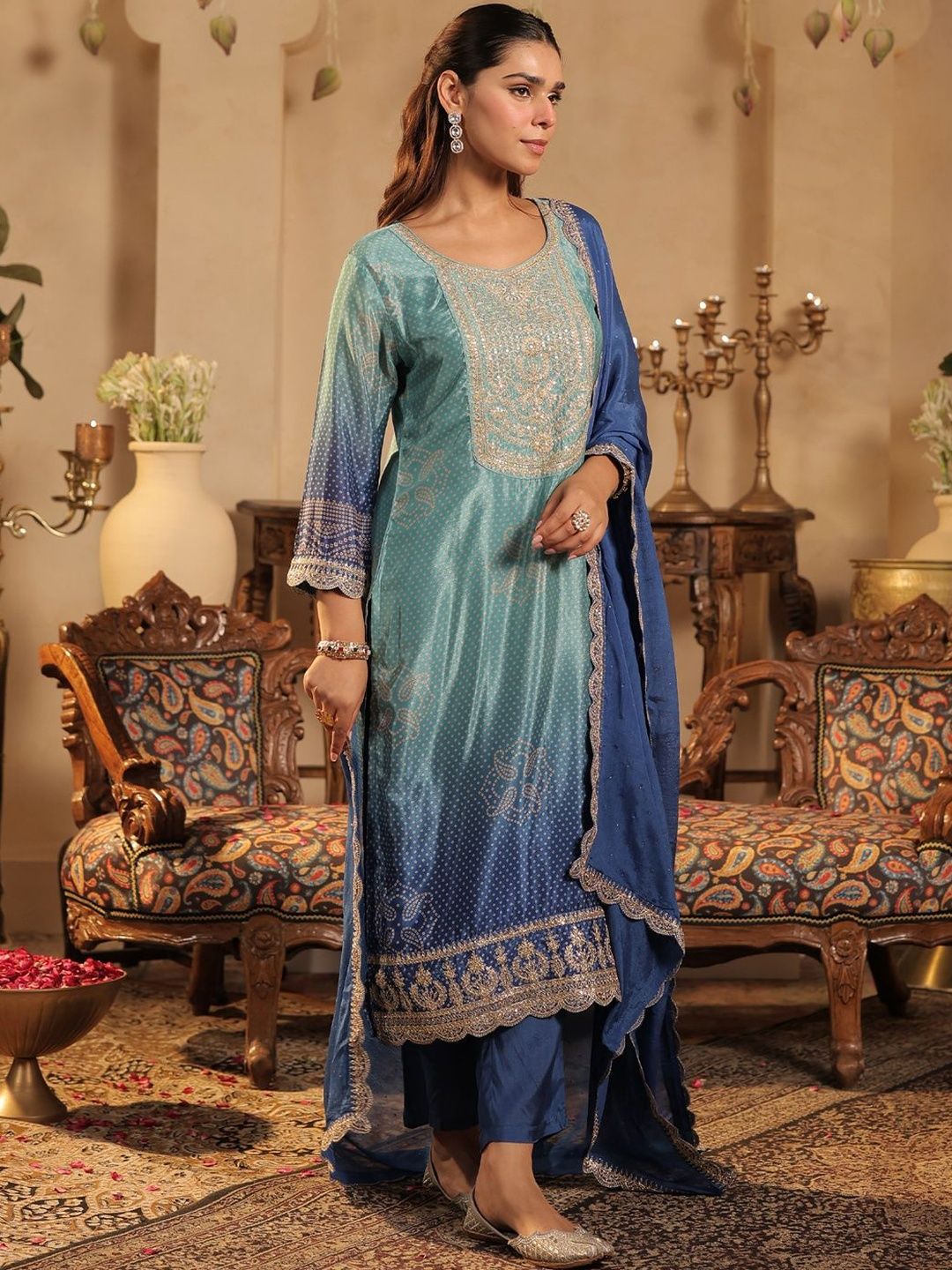 Bandhani Printed Sequinned Straight Kurta & Trousers With Dupatta