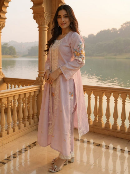 Women Floral Embroidered Cotton Kurta with Trousers & Dupatta