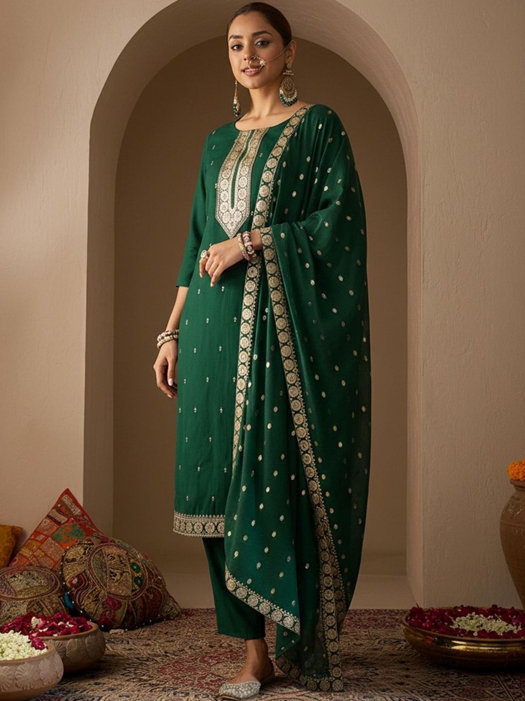 Ethnic Motifs Embroidered Straight Thread Work Kurta With Trousers & Dupatta