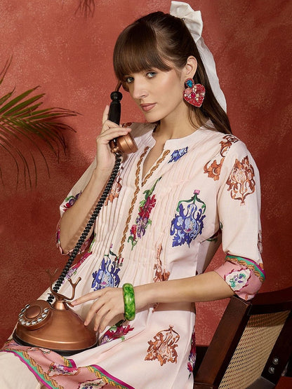 Women Floral Printed Regular Thread Work Pure Cotton Kurta with Trousers