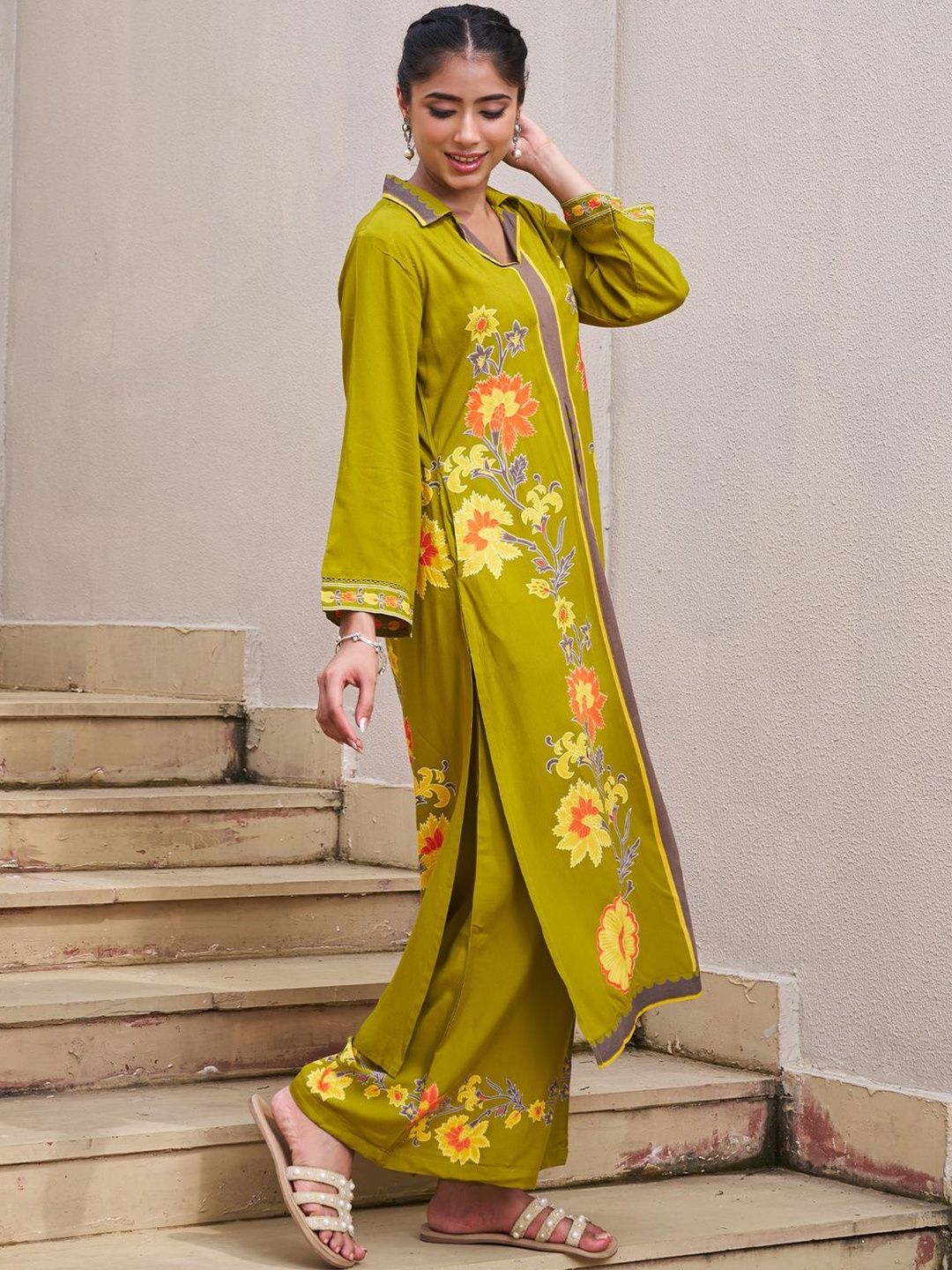 Women Floral Printed Shirt Collar Straight Kurta with Palazzos