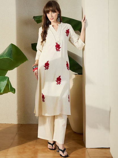 Women Pure Cotton Floral Embroidered Thread Work Pure Cotton Kurta with Palazzos