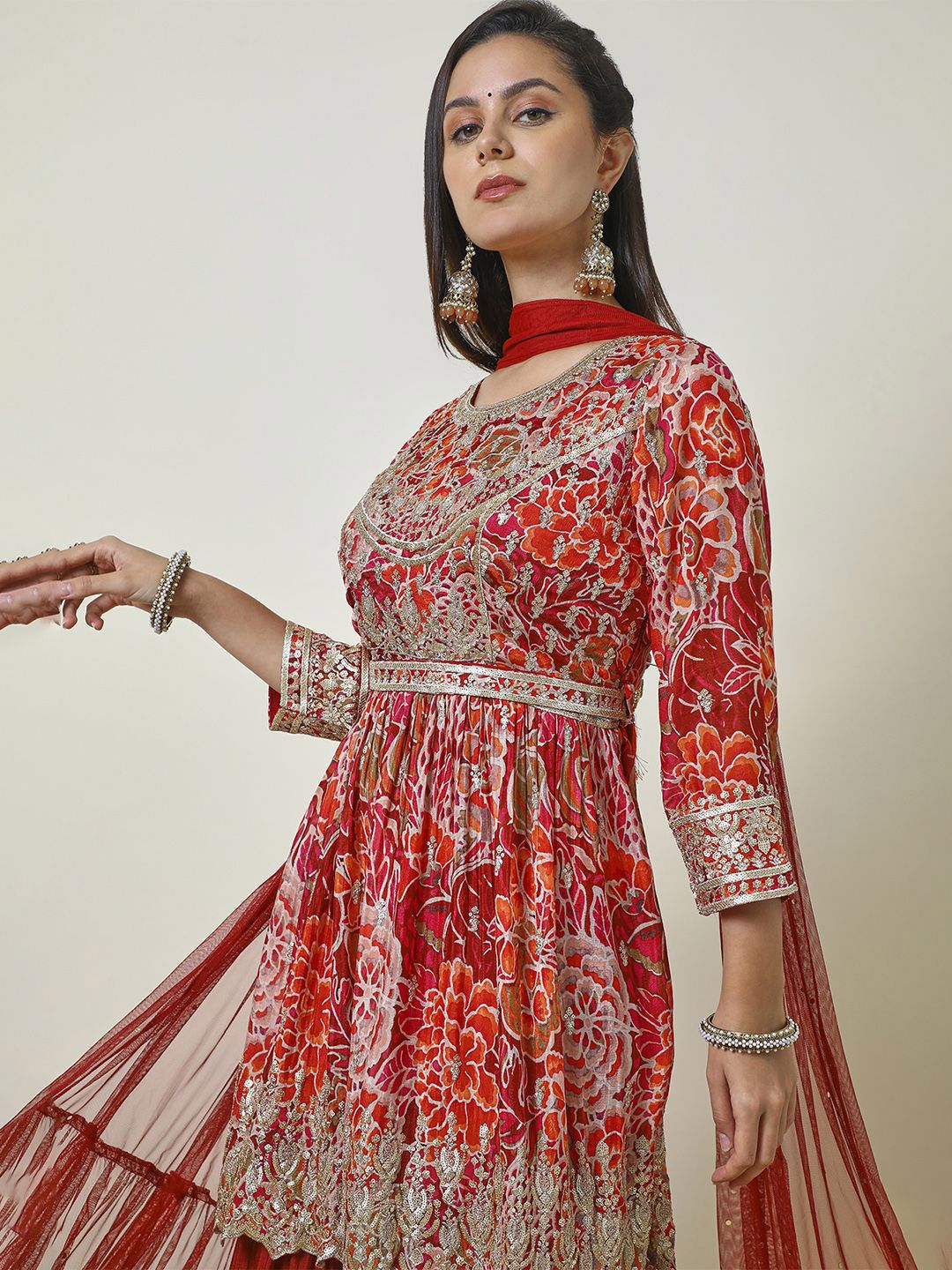 Dhiyona SO Women's Ethnic Motifs Embroidered Empire Sequinned Anarkali Kurti with Sharara & Dupatta