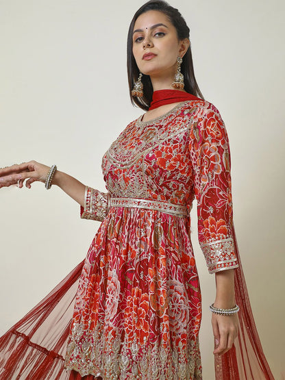 Dhiyona SO Women's Ethnic Motifs Embroidered Empire Sequinned Anarkali Kurti with Sharara & Dupatta