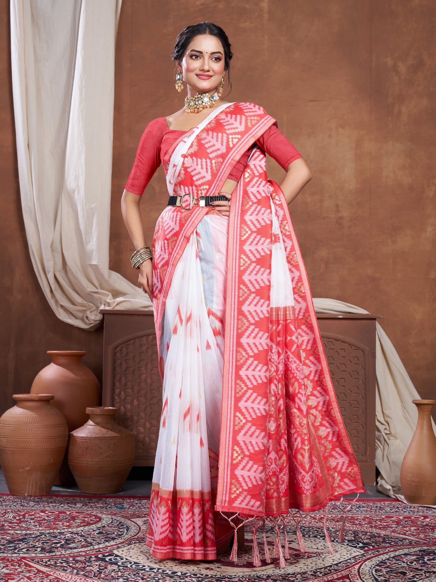 Dhiyona GR Women's Red & White Chanderi Cotton Saree For Durga Puja
