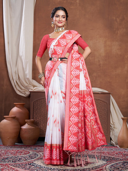 Dhiyona GR Women's Red & White Chanderi Cotton Saree For Durga Puja
