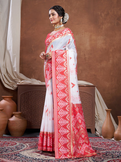 Dhiyona GR Women's Red & White Chanderi Cotton Saree For Durga Puja