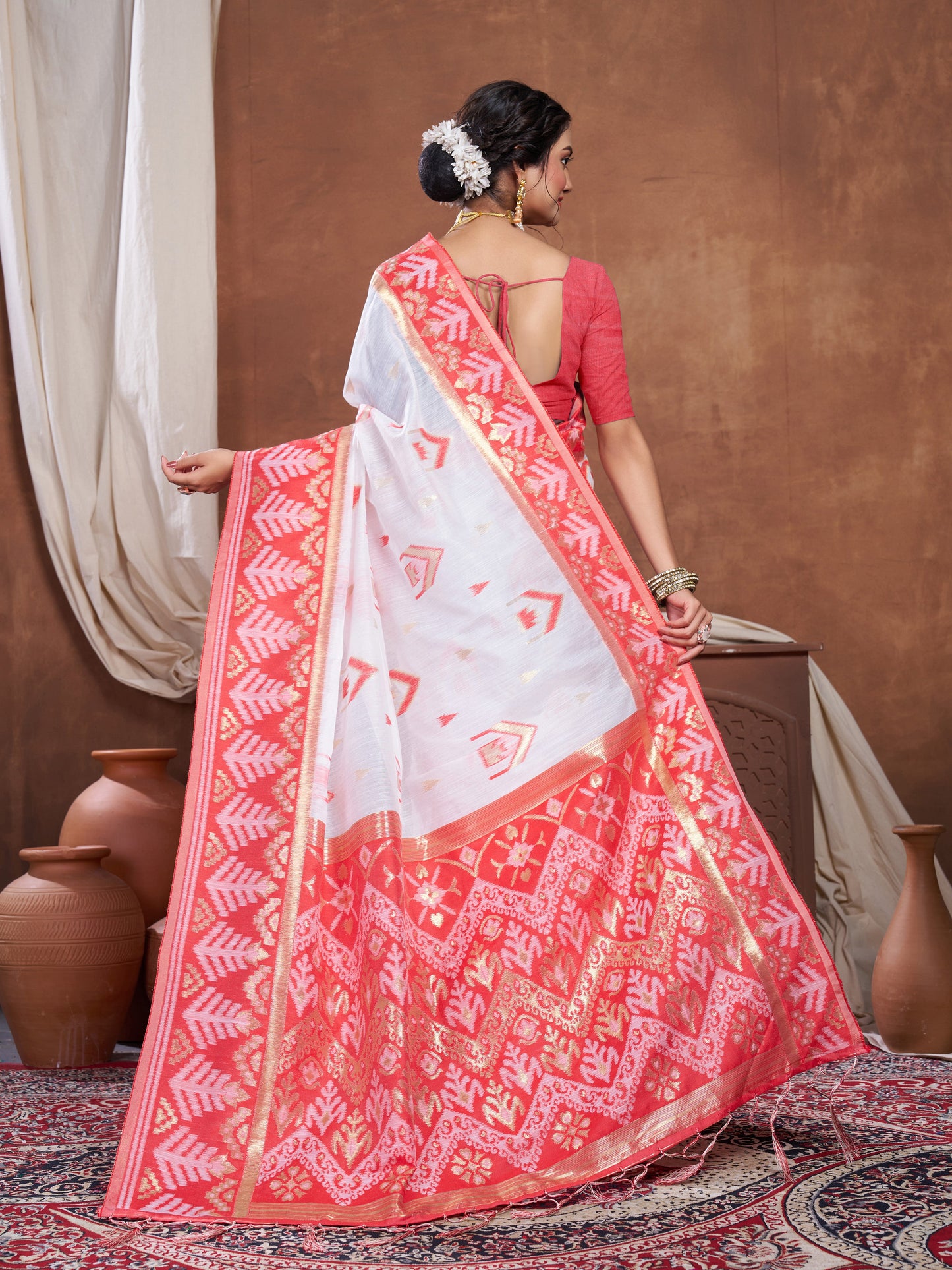 Dhiyona GR Women's Red & White Chanderi Cotton Saree For Durga Puja