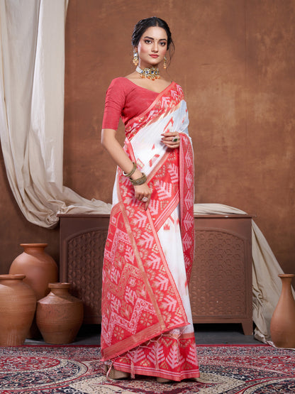 Dhiyona GR Women's Red & White Chanderi Cotton Saree For Durga Puja