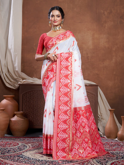 Dhiyona GR Women's Red & White Chanderi Cotton Saree For Durga Puja