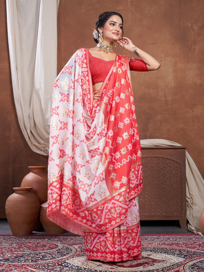 Dhiyona GR Women's Red & White Chanderi Cotton Saree For Durga Puja