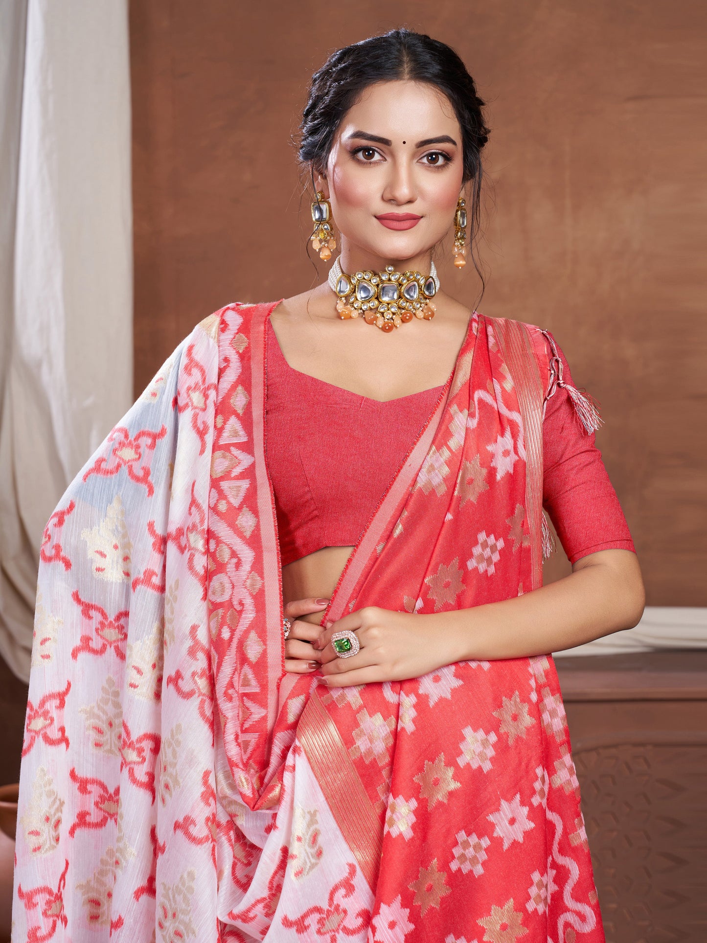 Dhiyona GR Women's Red & White Chanderi Cotton Saree For Durga Puja
