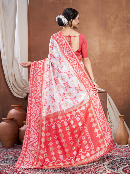 Dhiyona GR Women's Red & White Chanderi Cotton Saree For Durga Puja