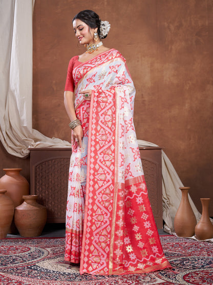 Dhiyona GR Women's Red & White Chanderi Cotton Saree For Durga Puja