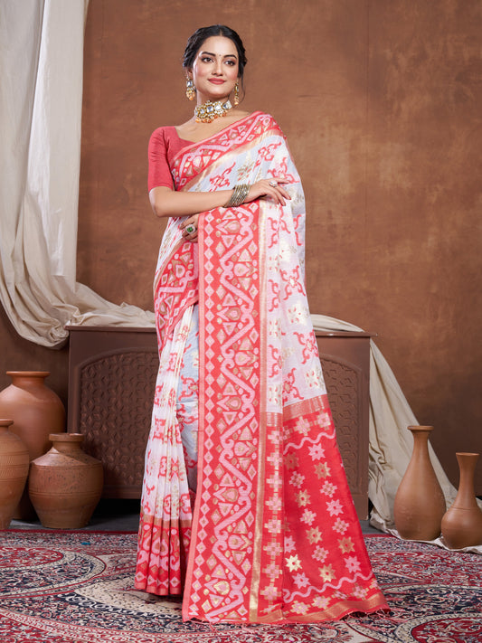 Dhiyona GR Women's Red & White Chanderi Cotton Saree For Durga Puja
