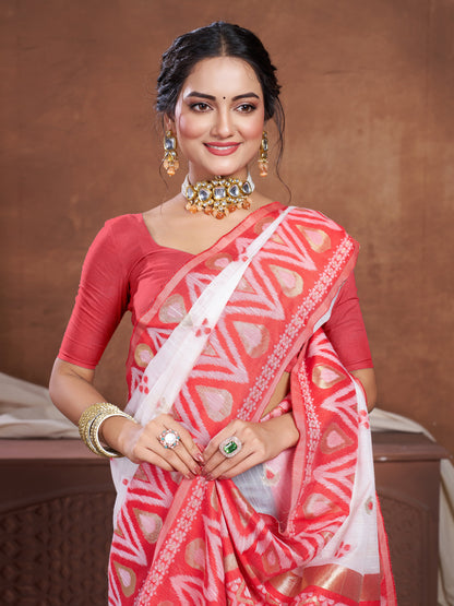 Dhiyona GR Women's Red & White Chanderi Cotton Saree For Durga Puja