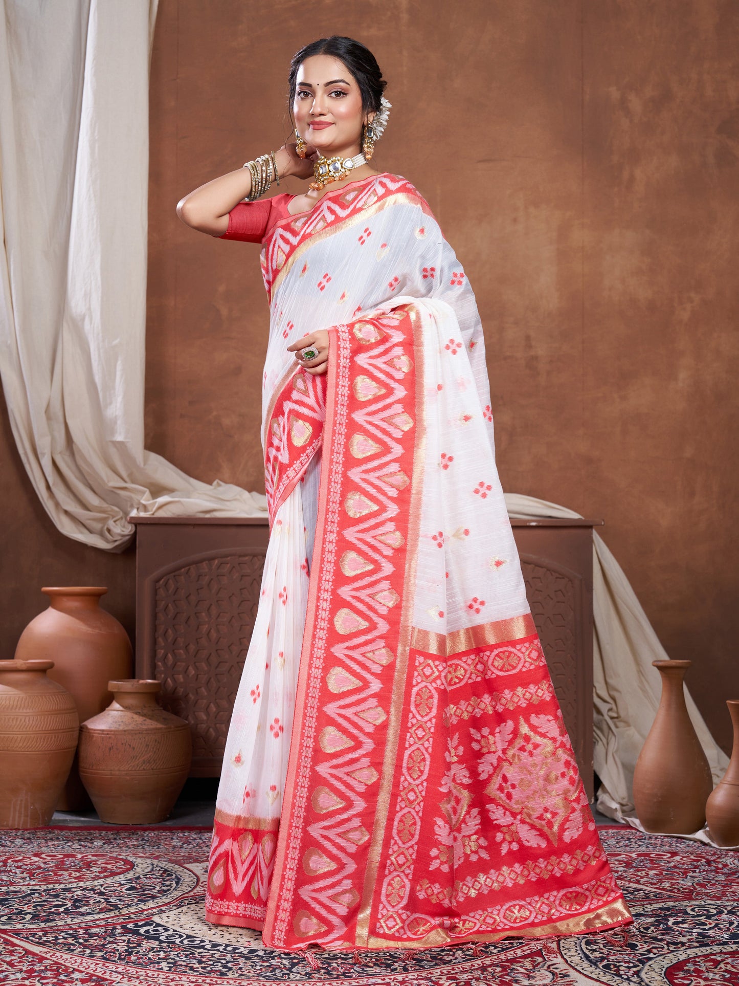 Dhiyona GR Women's Red & White Chanderi Cotton Saree For Durga Puja