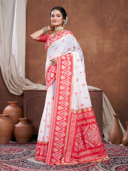 Dhiyona GR Women's Red & White Chanderi Cotton Saree For Durga Puja
