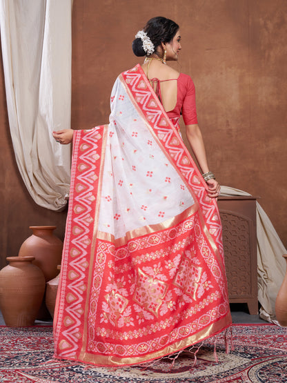 Dhiyona GR Women's Red & White Chanderi Cotton Saree For Durga Puja