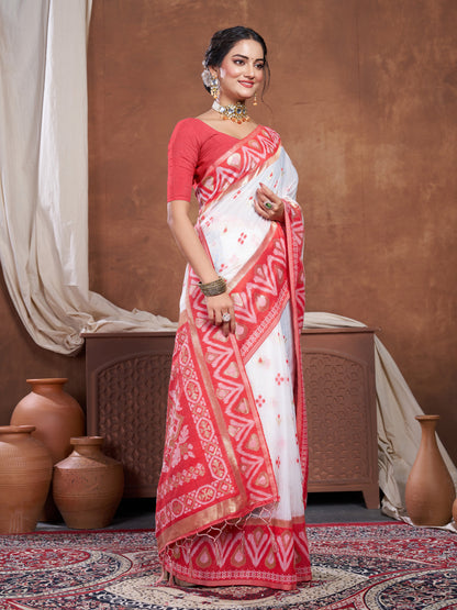Dhiyona GR Women's Red & White Chanderi Cotton Saree For Durga Puja