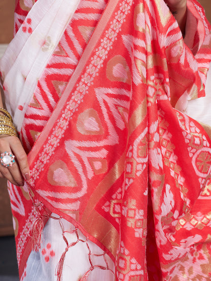 Dhiyona GR Women's Red & White Chanderi Cotton Saree For Durga Puja