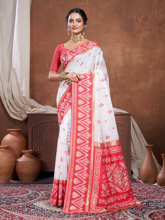 Dhiyona GR Women's Red & White Chanderi Cotton Saree For Durga Puja