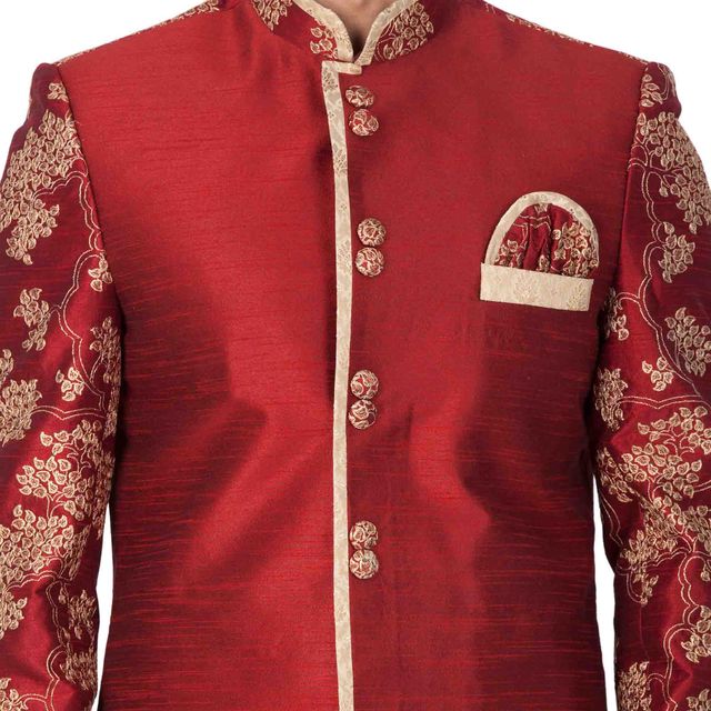 Men's Maroon Silk Blend Regular Sherwani Set