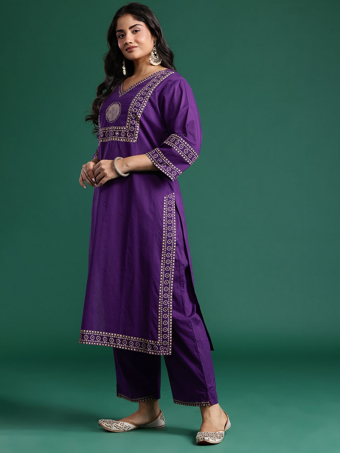Ethnic Motifs Print Mirror Work Pure Cotton Kurta with Palazzos & Dupatta