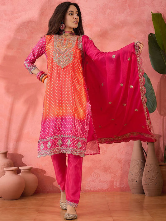 Dhiyona SN Women's Bhandani Printed Round Neck Straight Kurta With Trousers And Dupatta