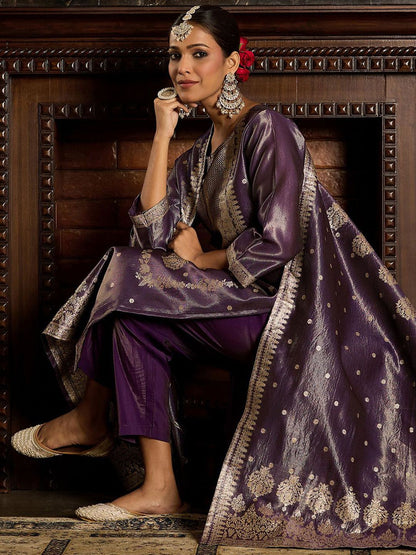Ethnic Motifs Woven Design Zari Straight Kurta With Trousers & Dupatta