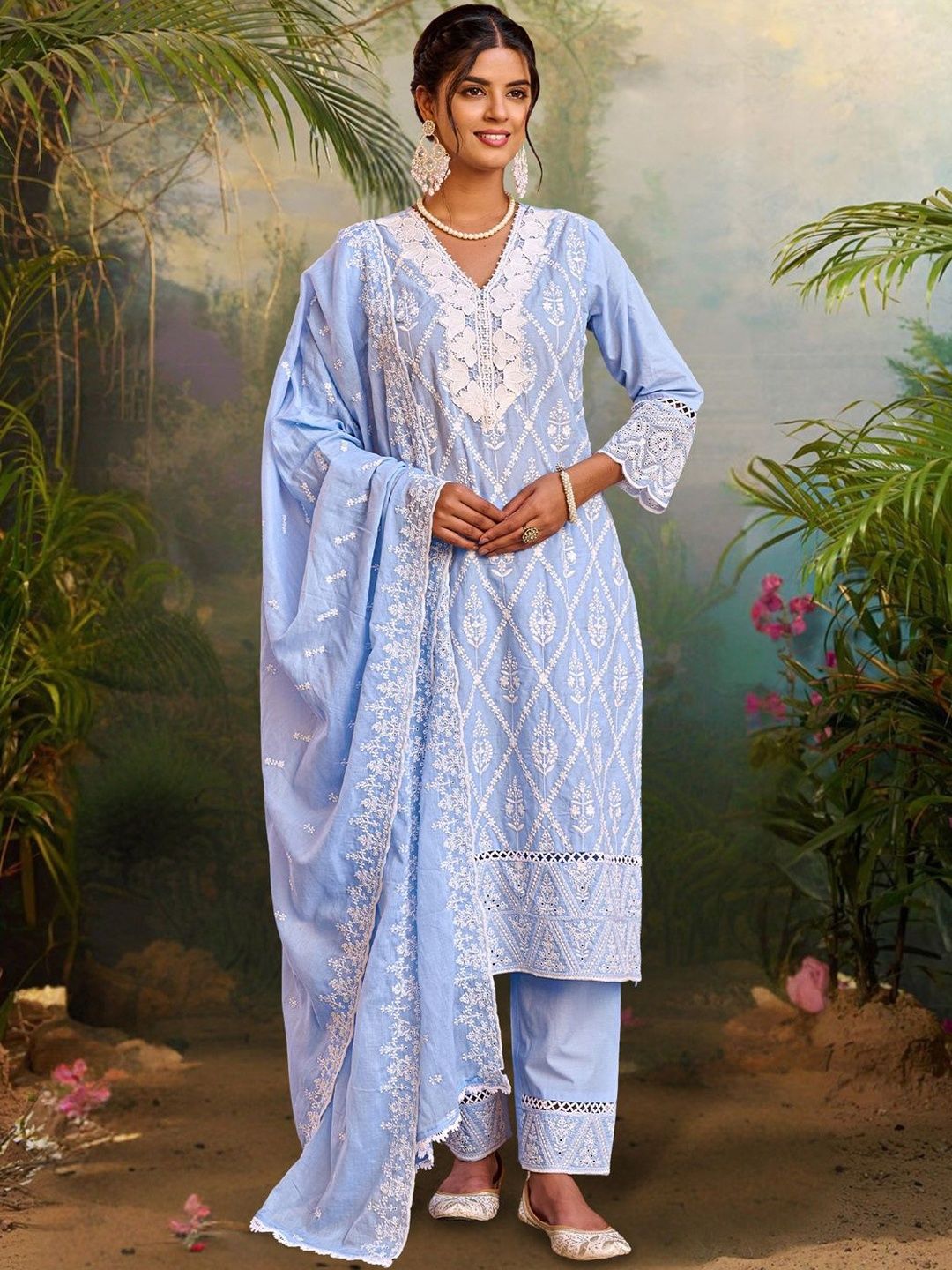 Dhiyona IE Women Ethnic Motifs Embroidered Regular Chikankari Pure Cotton Kurta with Trousers & With Dupatta